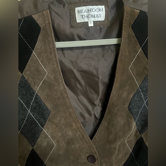 Vintage 90s Brandon Thomas Argyle Academia Western Leather Wool Button Vest Sz L - Picture 3 of 5